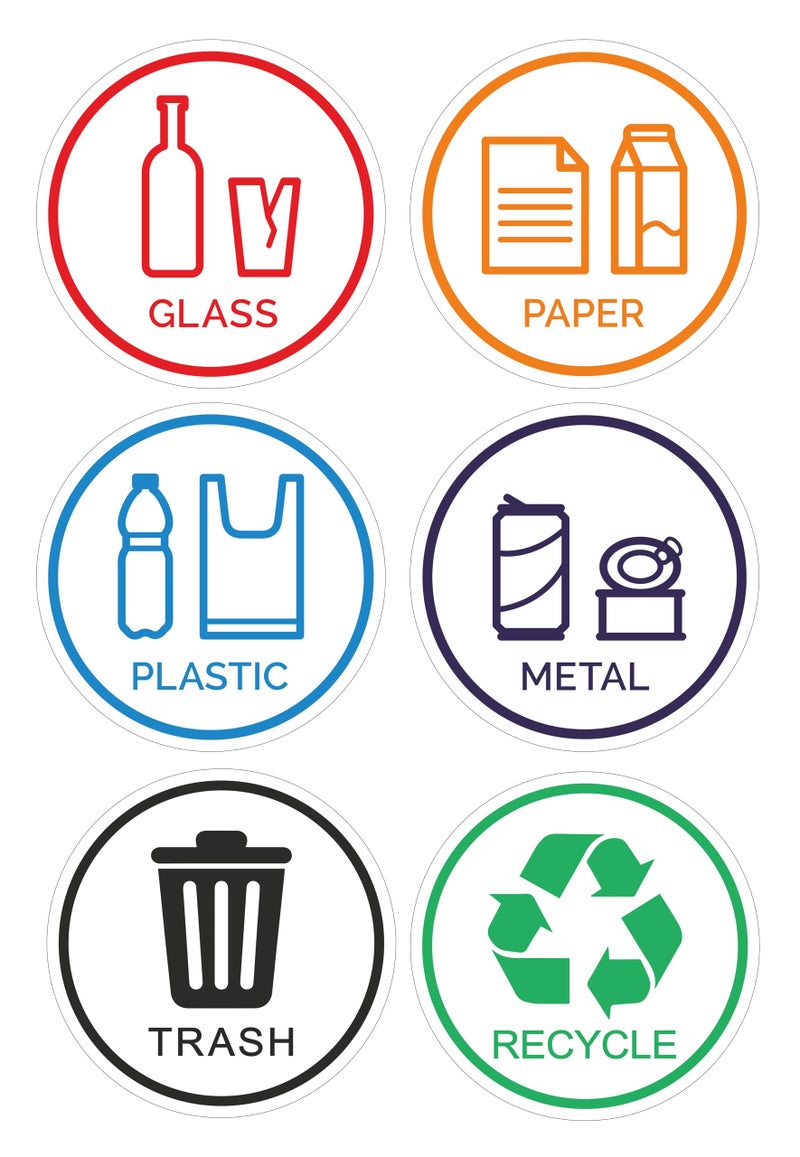 Toros.Store 6 Pack 6" Glass, Paper, Plastic, Metal, Trash, Recycle Sign Stickers - Self-Adhesive Vinyl Decal Recycle Logos - Eco-Friendly Trash Can Signs - 6" - Indoor & Outdoor Use - Waterproof & UV Protected - Image 1